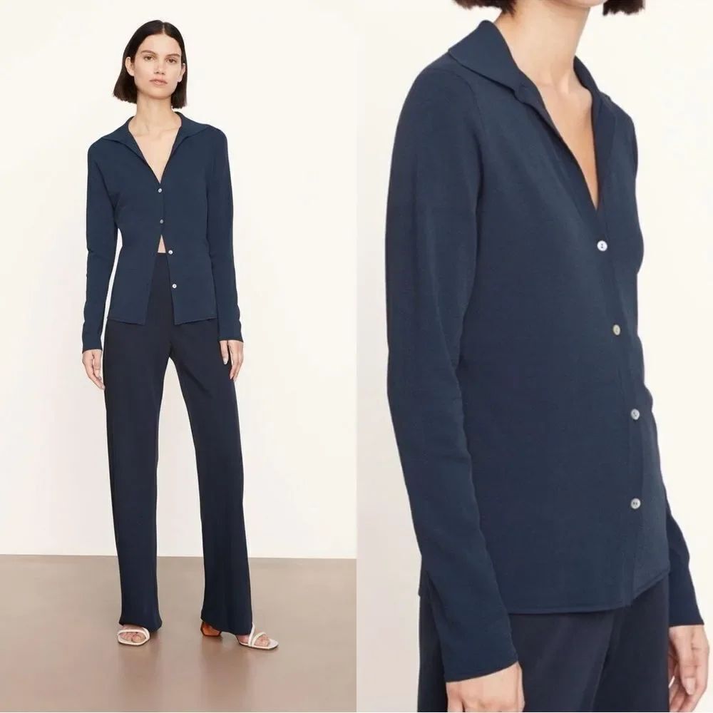 VINCE Collared Knit Cardigan in dark navy